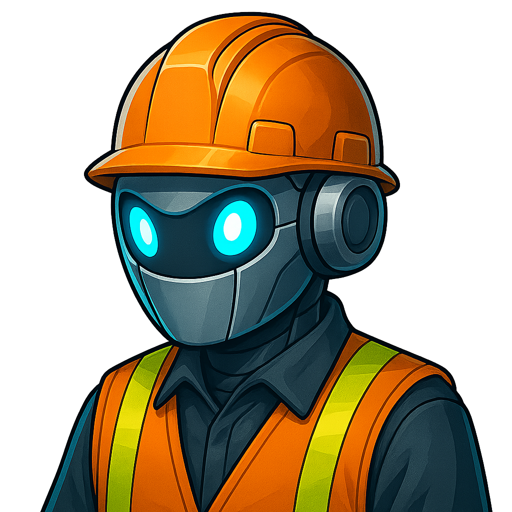 Mr. Devtastic, a robot, wearing a construction outfit